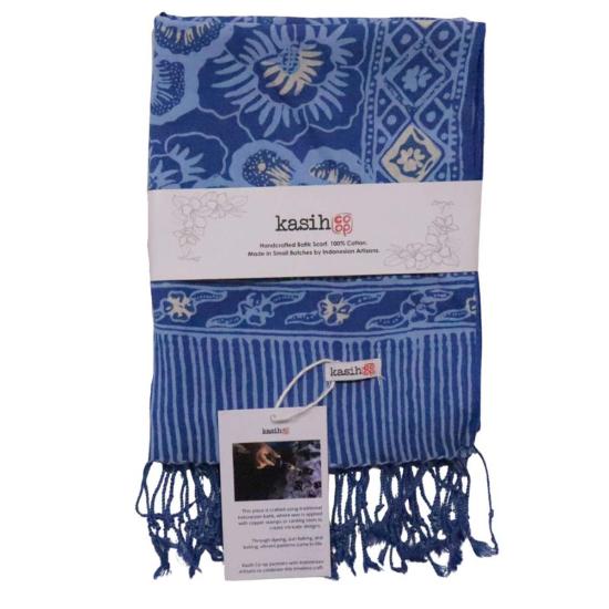  카시 코옵 머플러/스카프 Kasih Coop 손 염색 바틱 스카프 블루 장미 꽃무늬 - KASIH COOP