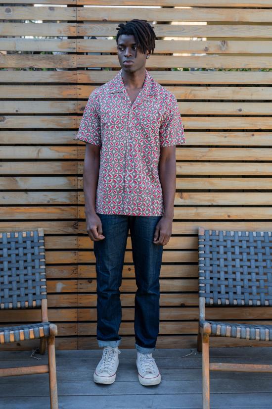  DUSHYANT. 반팔 셔츠 두샨트. 핸드 블록 프린팅 돈 캠프 칼라  베이지 주사위 아트 프린트 - OTHER BRANDS