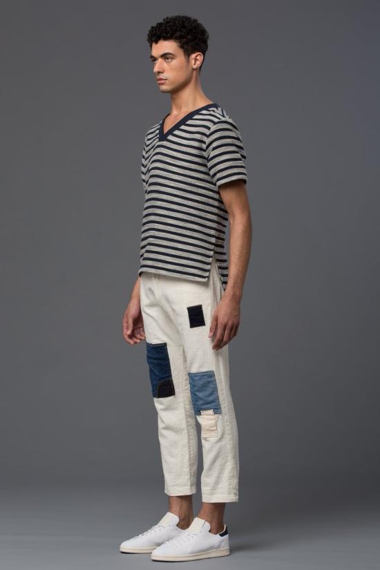  타데우스 오닐 반팔 티셔츠 태디어스 오닐 스트라이프 브이넥 탑 네이비 - THADDEUS ONEIL