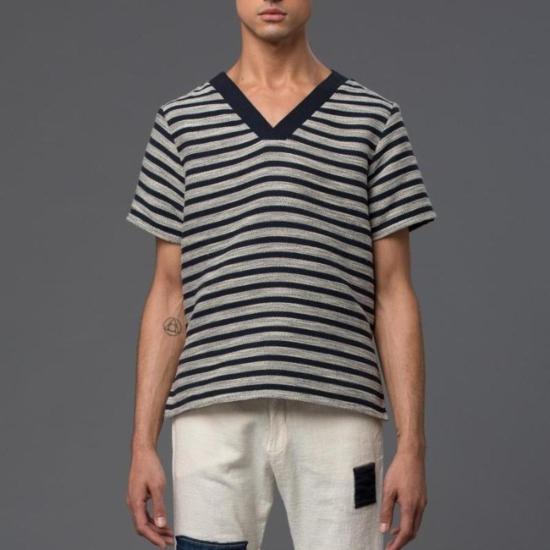  타데우스 오닐 반팔 티셔츠 태디어스 오닐 스트라이프 브이넥 탑 네이비