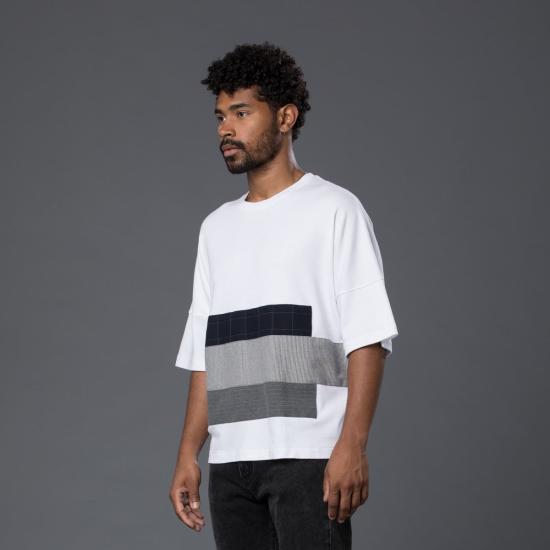  그레이 반팔 티셔츠 패치워크 빅티 화이트 - GREI