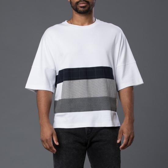  그레이 반팔 티셔츠 패치워크 빅티 화이트