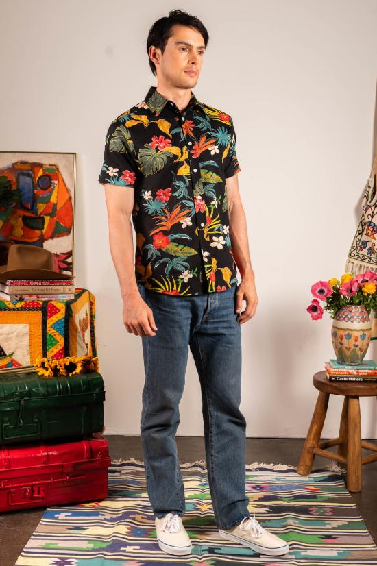  DUSHYANT. 반팔 셔츠 두샨트. 핸드 프린팅 프랫 반팔  블랙 트로피컬 플로럴 프린트 - DUSHYANT