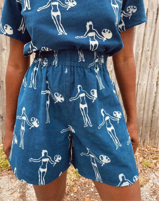  PO-EM 숏팬츠 포엠 하이웨이스트 비치 쇼츠 인디고 빌라 로마나 블록 프린트