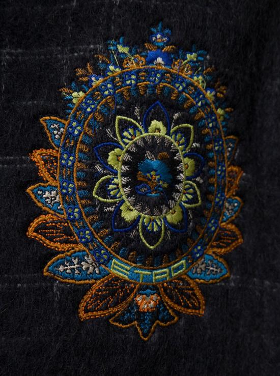  에트로 자켓 크롭 재킷, 자수 및 체크 무늬, 울 혼방 소재, 블랙 - ETRO