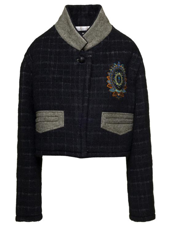  에트로 자켓 크롭 재킷, 자수 및 체크 무늬, 울 혼방 소재, 블랙 - ETRO