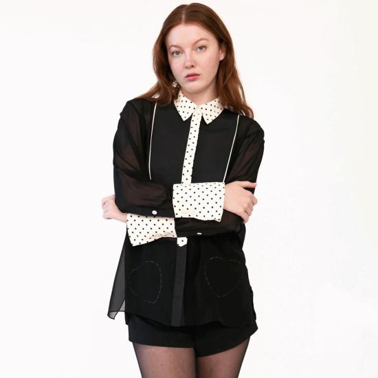  Rachel Antonoff 블라우스 레이첼 안토노프 플레밍 셔츠 블랙 앤 아이보리 도트 무늬 - RACHEL ANTONOFF