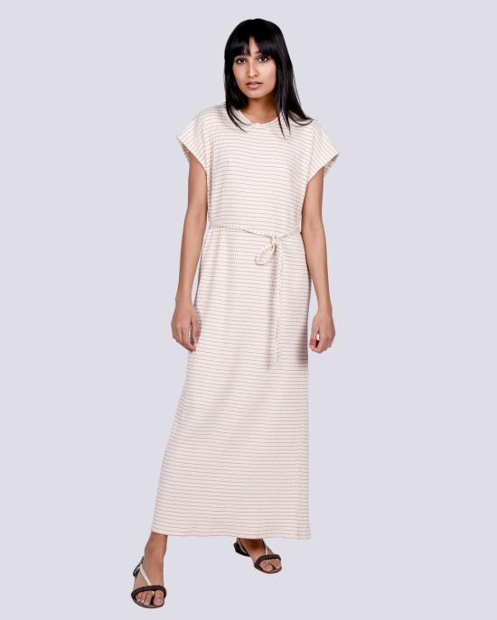  베이스레인지 미디 원피스 쇼 카프탄 민소매 드레스 레드/화이트 스트라이프