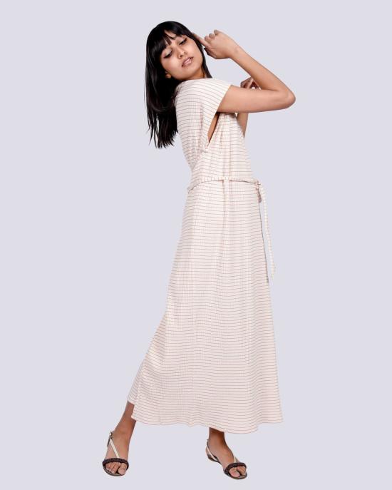  베이스레인지 미디 원피스 쇼 카프탄 민소매 드레스 레드/화이트 스트라이프 - BASERANGE