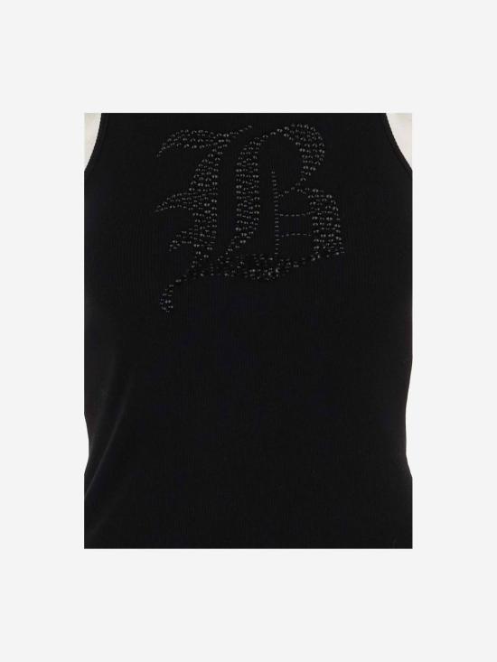  블루마린 민소매 티셔츠 로고가 있는 스트레치 코튼 탱크탑 블랙 - BLUMARINE