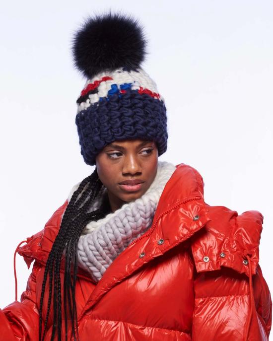  미샤램퍼트 모자 미샤 람페르트 몬드리안 | 네이비 컬러 블록 비니 + 그래파이트 XL 폼폼