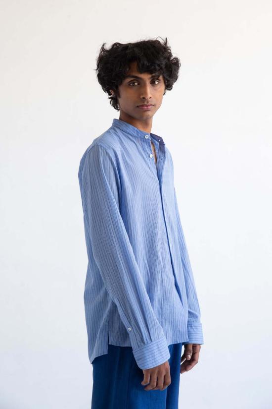  Graphia New York 긴팔 셔츠 그라피아 뉴욕 리암 밴드 칼라 긴팔  라이트 블루/블루 스트라이프 - OTHER BRANDS