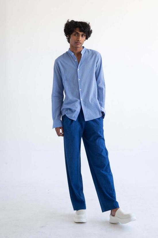  Graphia New York 긴팔 셔츠 그라피아 뉴욕 리암 밴드 칼라 긴팔  라이트 블루/블루 스트라이프 - OTHER BRANDS