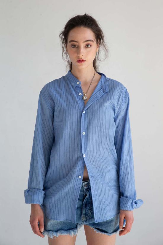  Graphia New York 긴팔 셔츠 그라피아 뉴욕 리암 밴드 칼라 긴팔  라이트 블루/블루 스트라이프