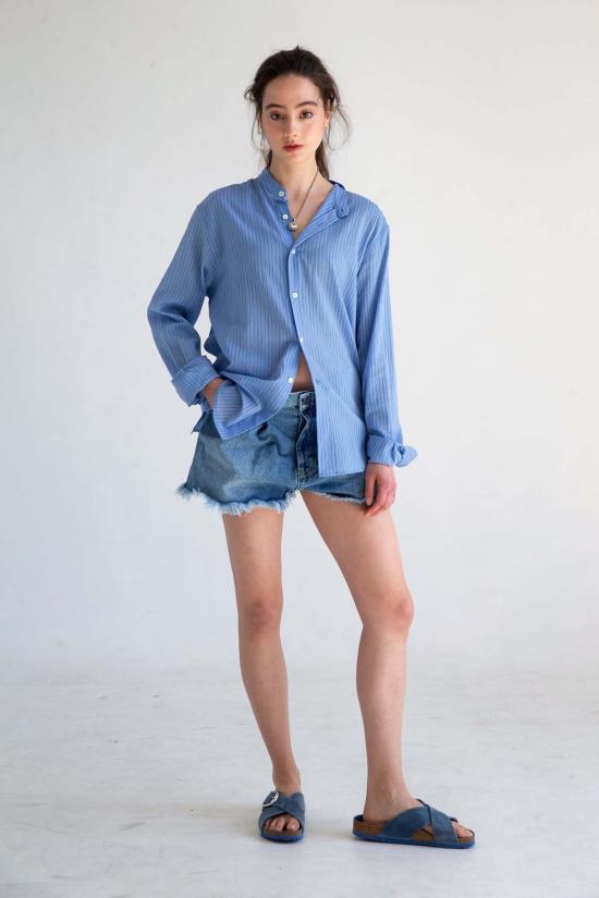  Graphia New York 긴팔 셔츠 그라피아 뉴욕 리암 밴드 칼라 긴팔  라이트 블루/블루 스트라이프 - OTHER BRANDS