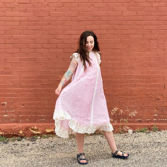  뻬로 롱 원피스 페로 코튼 레이스 드레스 핑크