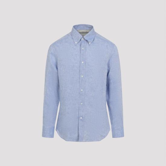  브루넬로 쿠치넬리 긴팔 셔츠 Brunello Cucinelli 리넨 셔츠 Celeste - BRUNELLO CUCINELLI