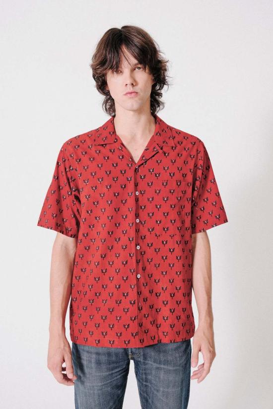  DUSHYANT. 반팔 셔츠 두샨트. 핸드 블록 프린팅 돈 캠프 칼라  레드 로터스 프린트 - DUSHYANT