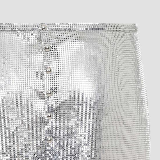  파코라반 숏 스커트 라반 메탈릭 미니스커트, 하이웨이스트 및 체인메일 디테일, 실버 색상 - PACO RABANNE