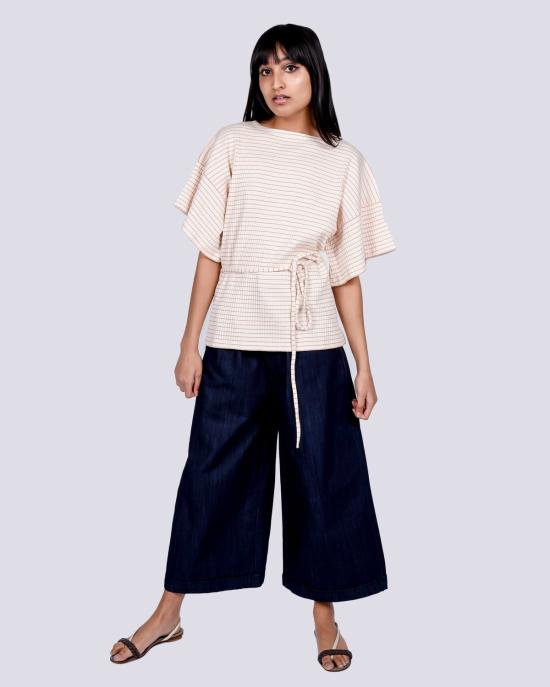  베이스레인지 블라우스 클레어 탑 레드/화이트 스트라이프