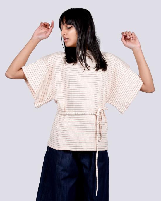  베이스레인지 블라우스 클레어 탑 레드/화이트 스트라이프 - BASERANGE