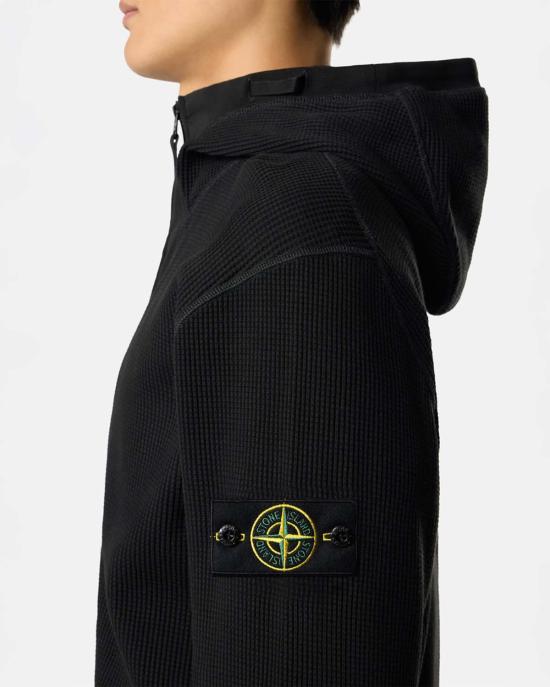  스톤 아일랜드 긴팔 티셔츠 유기농 면 와플 플리스 지퍼 후드티 블랙 - STONE ISLAND