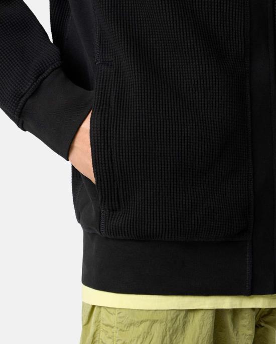  스톤 아일랜드 긴팔 티셔츠 유기농 면 와플 플리스 지퍼 후드티 블랙 - STONE ISLAND