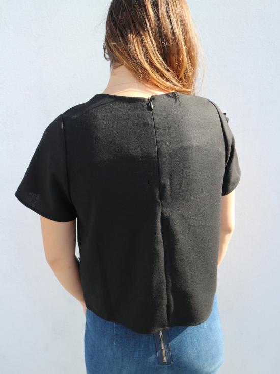  Longshaw ward 반팔 티셔츠 롱쇼 워드 장식 탑 블랙/크림 - OTHER BRANDS