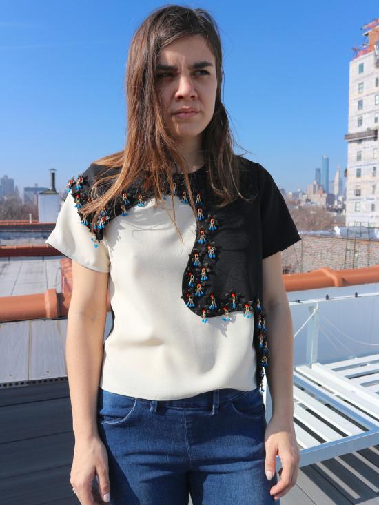  Longshaw ward 반팔 티셔츠 롱쇼 워드 장식 탑 블랙/크림 - OTHER BRANDS