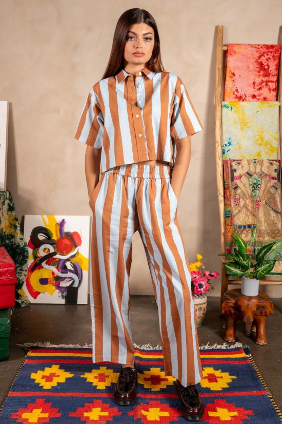  DUSHYANT. 스트레이트 팬츠 두샨트. 핸드 프린트 시마 팬츠 블루/브라운 스트라이프 - OTHER BRANDS