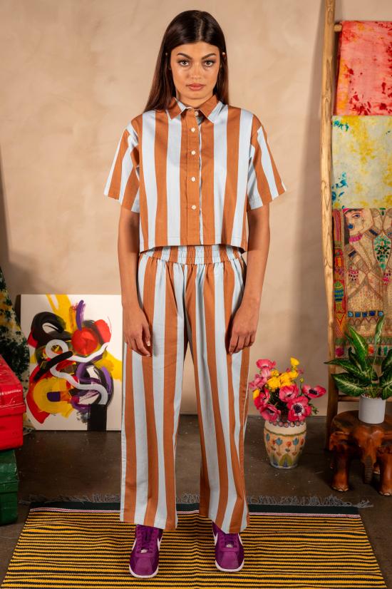  DUSHYANT. 스트레이트 팬츠 두샨트. 핸드 프린트 시마 팬츠 블루/브라운 스트라이프 - OTHER BRANDS