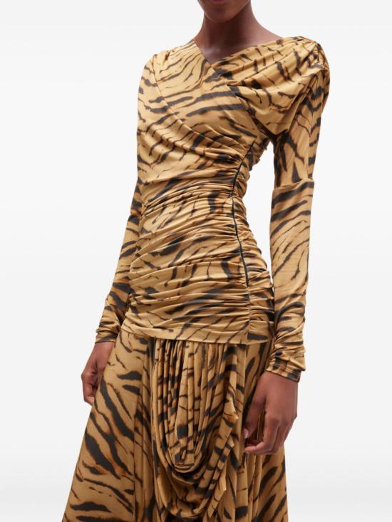  가니 롱 원피스 프린트 러플 롱 드레스 브라운 - GANNI