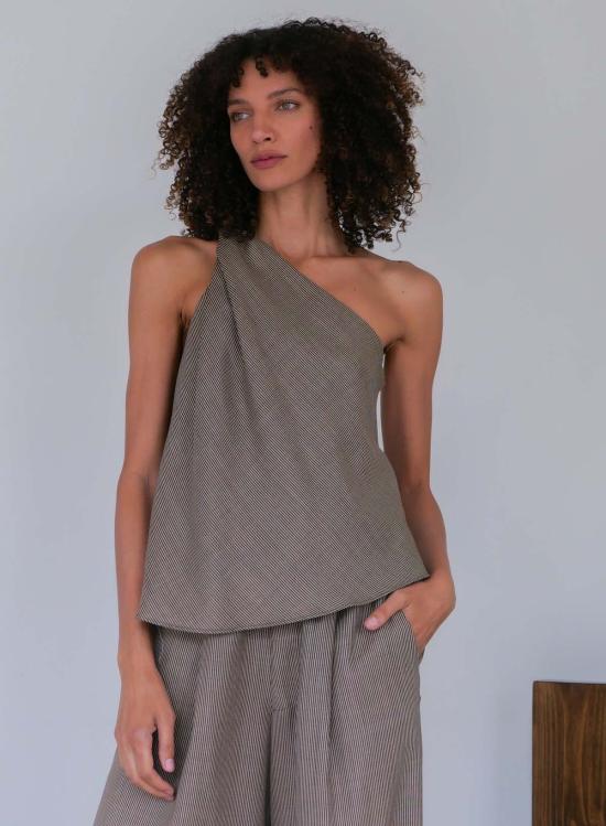  슬론 블라우스 스트라이프 원숄더 탑 브라운/베이지