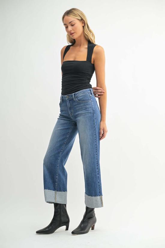  저스트 블랙 데님 데님 팬츠 시저컷 커프스 와이드 레그 진 다크 데님 - JUST BLACK DENIM