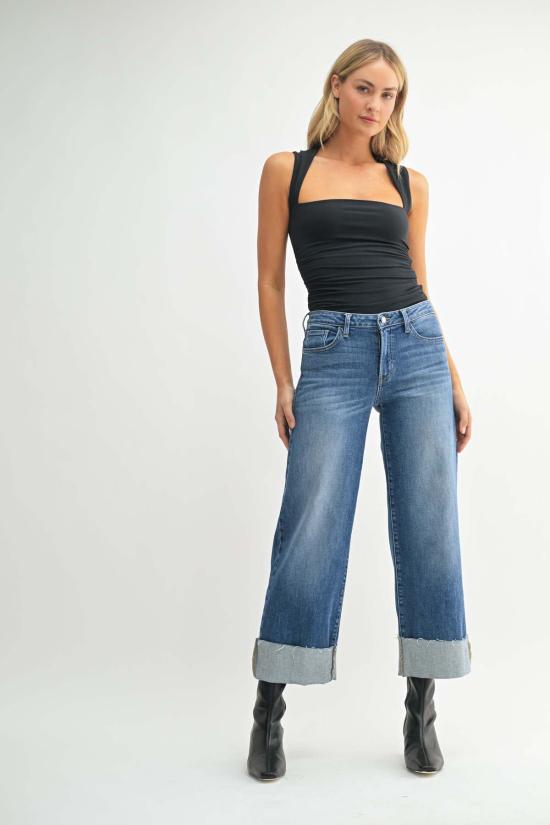  저스트 블랙 데님 데님 팬츠 시저컷 커프스 와이드 레그 진 다크 데님 - JUST BLACK DENIM