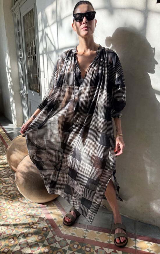  Two 롱 원피스 블랙/크림 체크무늬 롱 시스루 카프탄 2벌