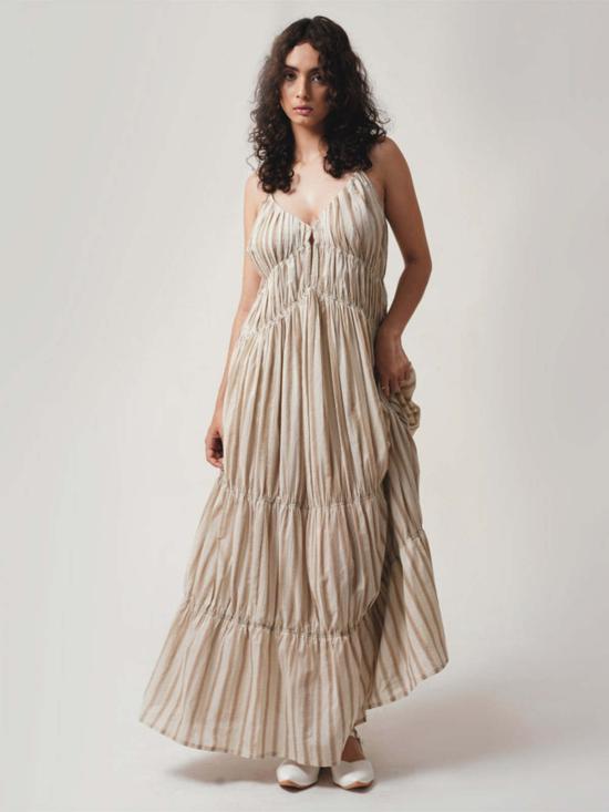  이키비 롱 원피스 Ikkivi Gigi 드레스 Greige And Tan 스트라이프 - IKKIVI