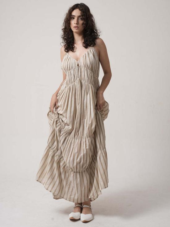  이키비 롱 원피스 Ikkivi Gigi 드레스 Greige And Tan 스트라이프 - IKKIVI