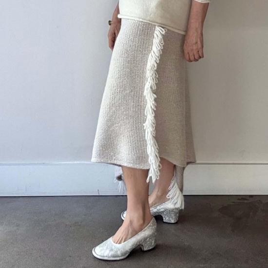  로렌 마누지안 롱 스커트 로렌 마누기안 니트위브 , 로우 화이트 - LAUREN MANOOGIAN