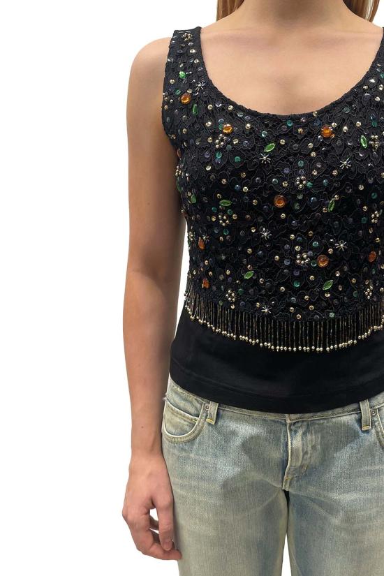  안나 수이 민소매 티셔츠 빈티지 비비안 탐 비즈 장식 프린지 탑 - ANNA SUI