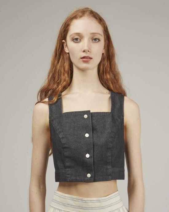  Ilana Kohn 민소매 티셔츠 일라나 콘 지니 크롭 데님 탑 다크 데님