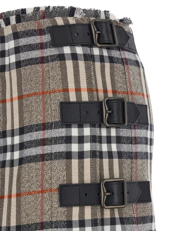  버버리 미디 스커트 베이지 , 옆면 버클 여밈, 전체 체크 패턴 울 소재 - BURBERRY