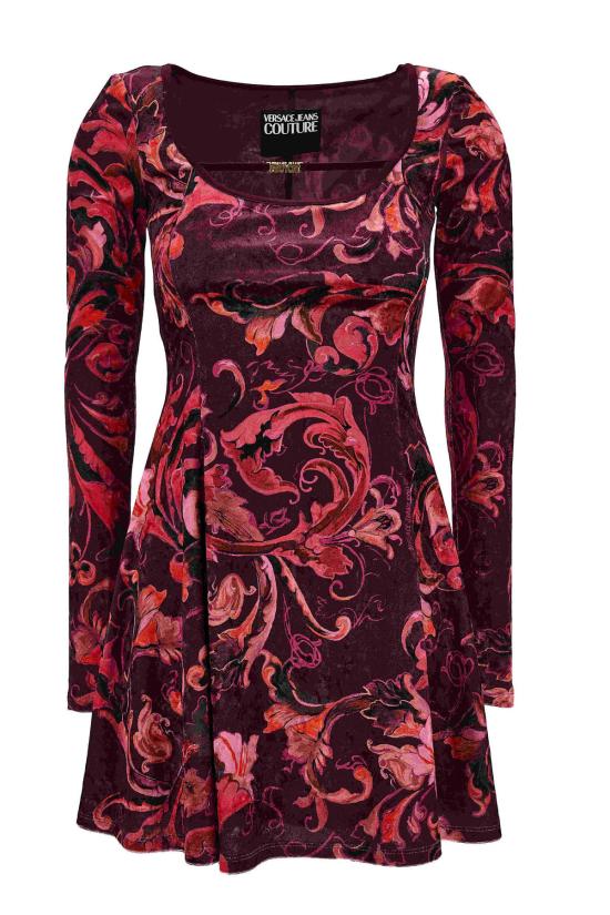  베르사체 숏 원피스 진 쿠튀르 바로크 프린트 긴팔 미니 드레스 (보라색)