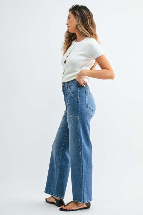  저스트 블랙 데님 데님 팬츠 패치 포켓 와이드 레그 - JUST BLACK DENIM