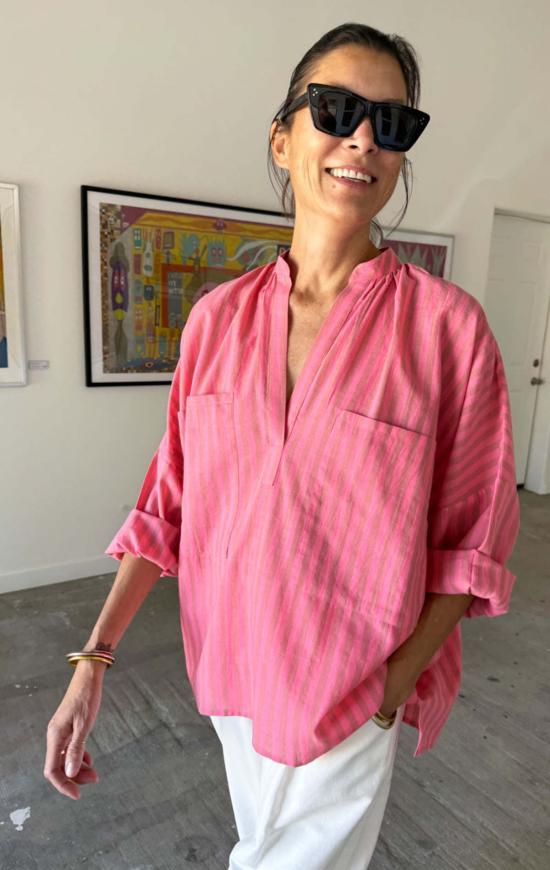  Two 셔츠 핑크/골드 스트라이프 투 스트라이프 긴팔 셔츠 - TWO