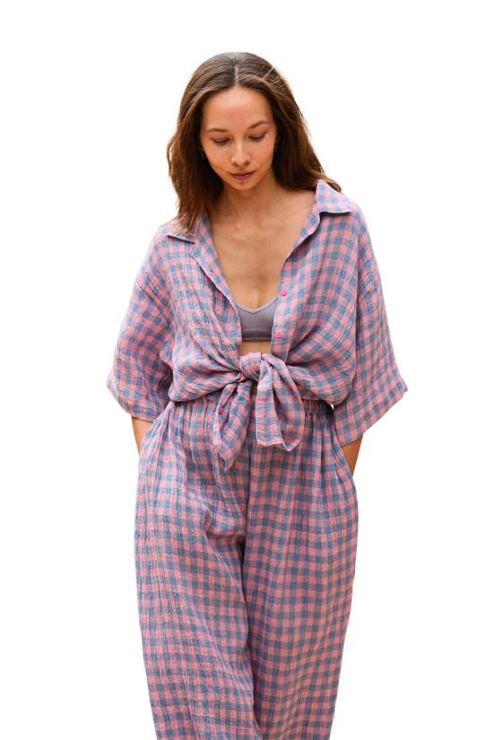  Pink Haley 블라우스 핑크 헤일리 바네사 린넨 깅엄 셔츠 - PINK HALEY