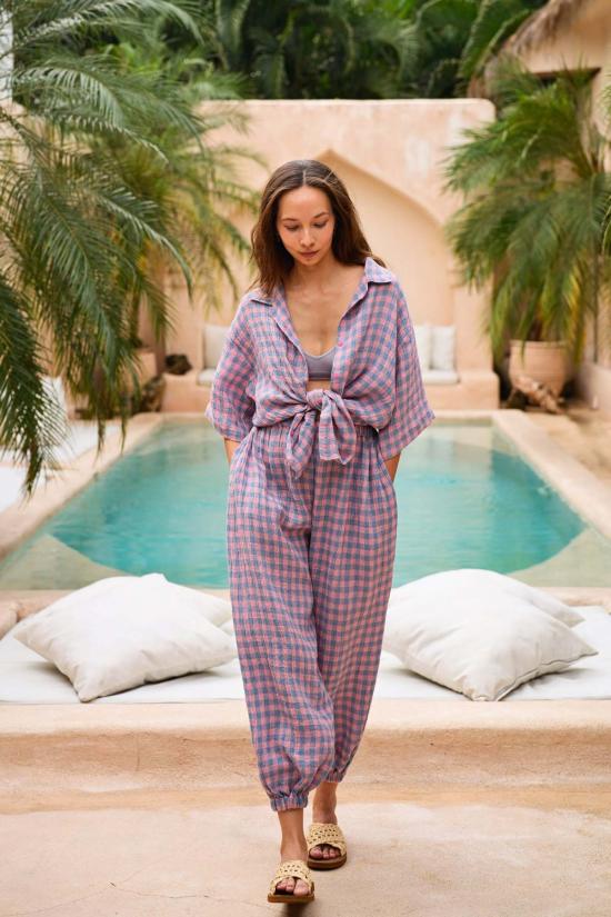  Pink Haley 블라우스 핑크 헤일리 바네사 린넨 깅엄 셔츠