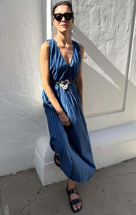  투 롱 원피스 두 줄 스트라이프 포켓 드레스, 인디고 스트라이프