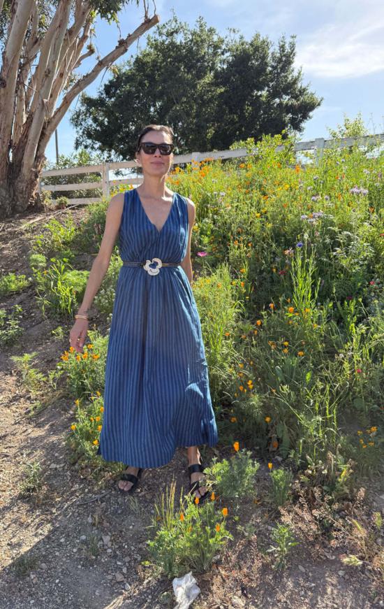  투 롱 원피스 두 줄 스트라이프 포켓 드레스, 인디고 스트라이프 - TWO