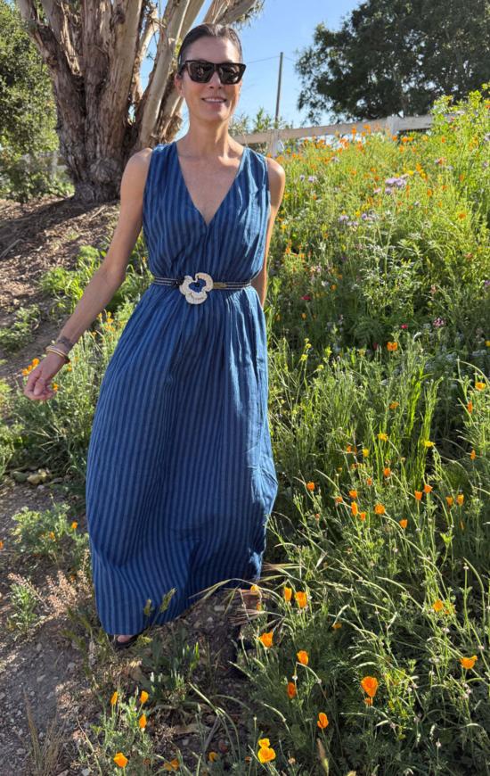  투 롱 원피스 두 줄 스트라이프 포켓 드레스, 인디고 스트라이프 - TWO